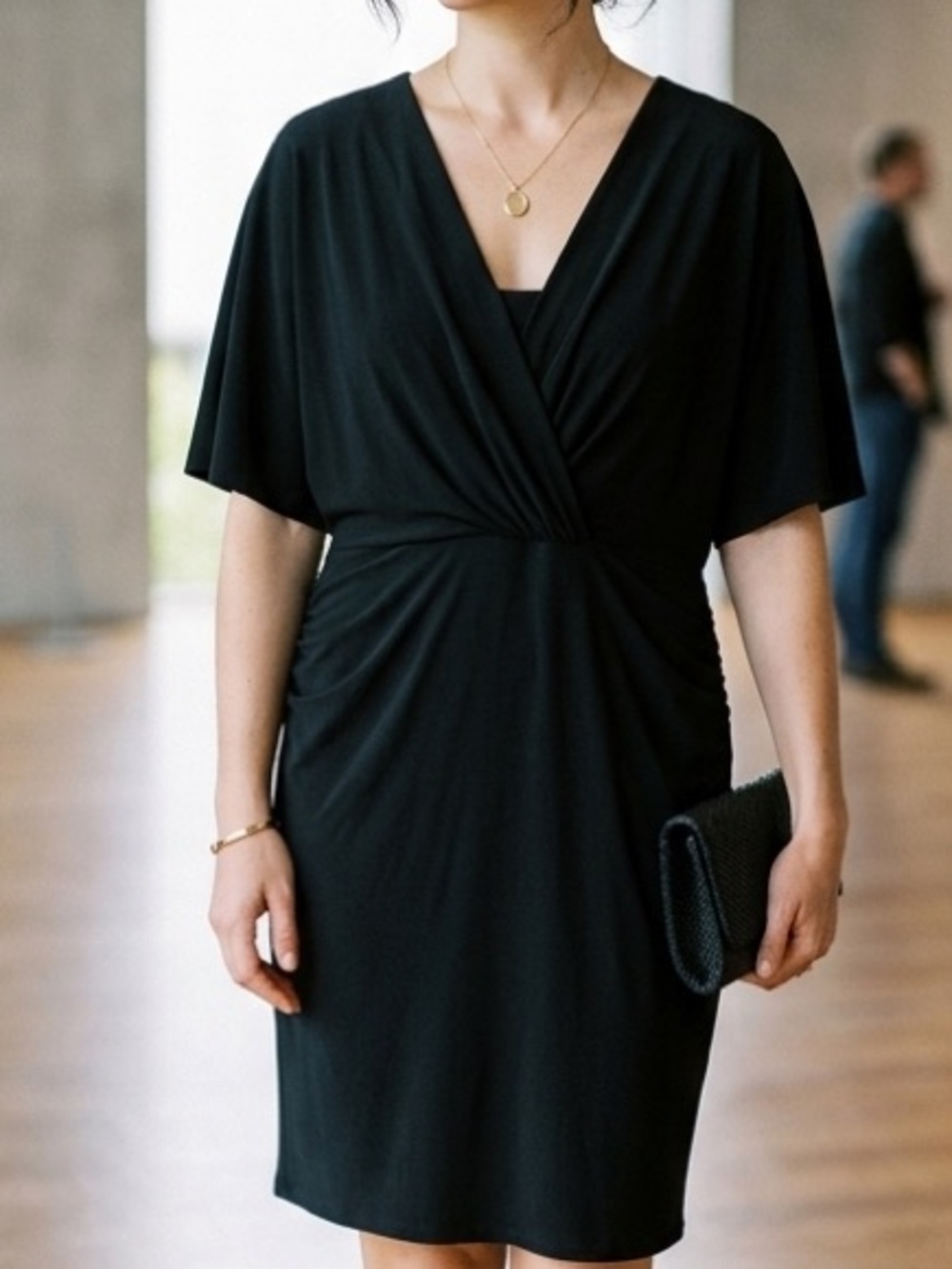 Jones Wear Dress Black Midi Ruched Twist Front Flutter Sleeve Lined 16